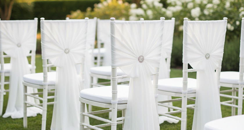 White Chiavari chairs with chiffon sashes and rhinestone brooches for a wedding ceremony.
