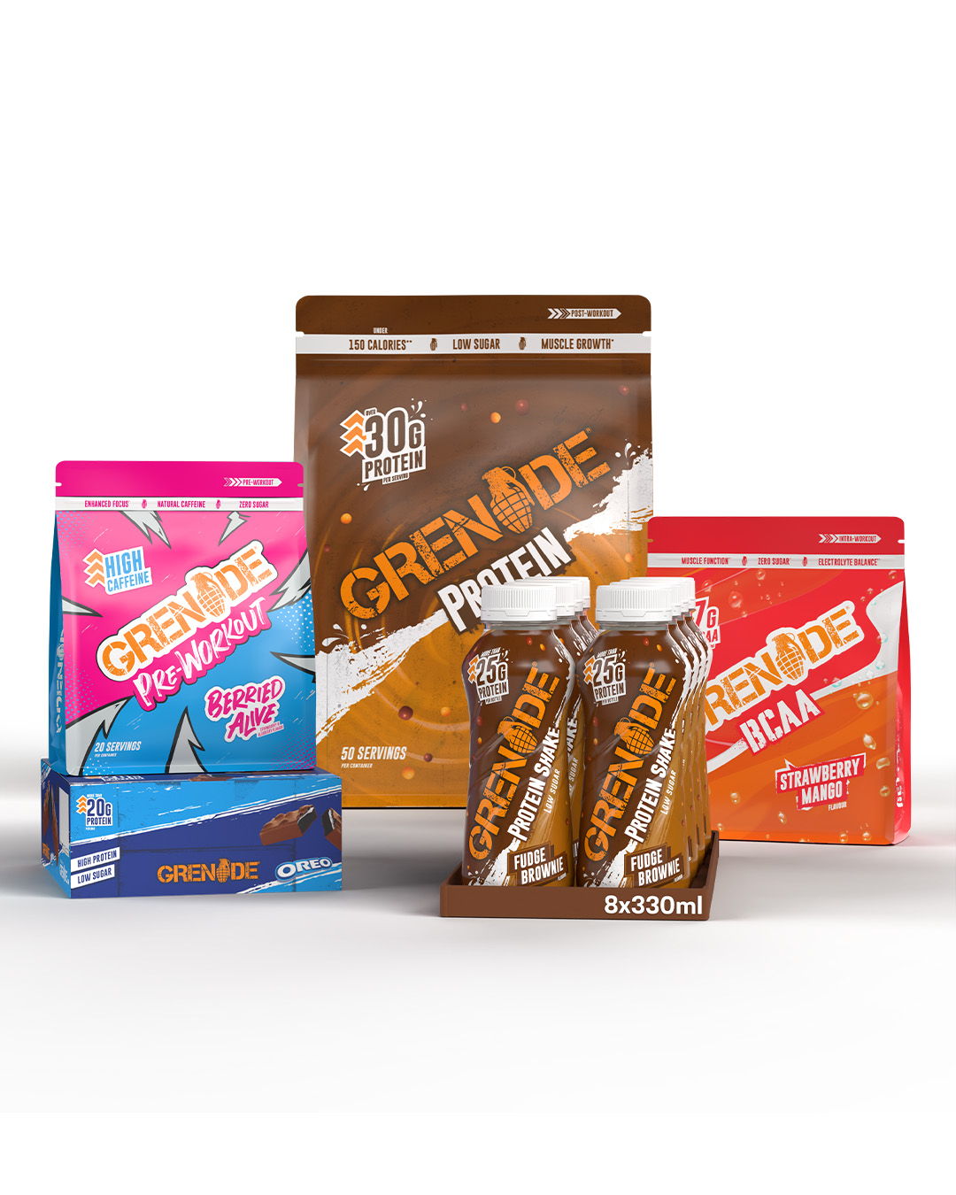 Various Grenade protein products displayed together on a white background.