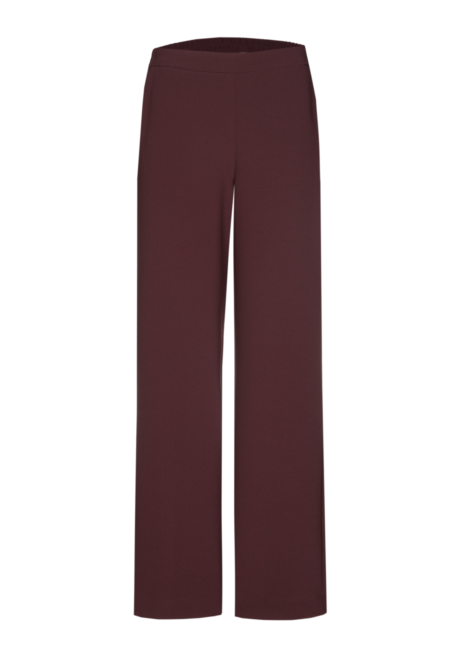 Maroon wide-leg trousers on a white background.