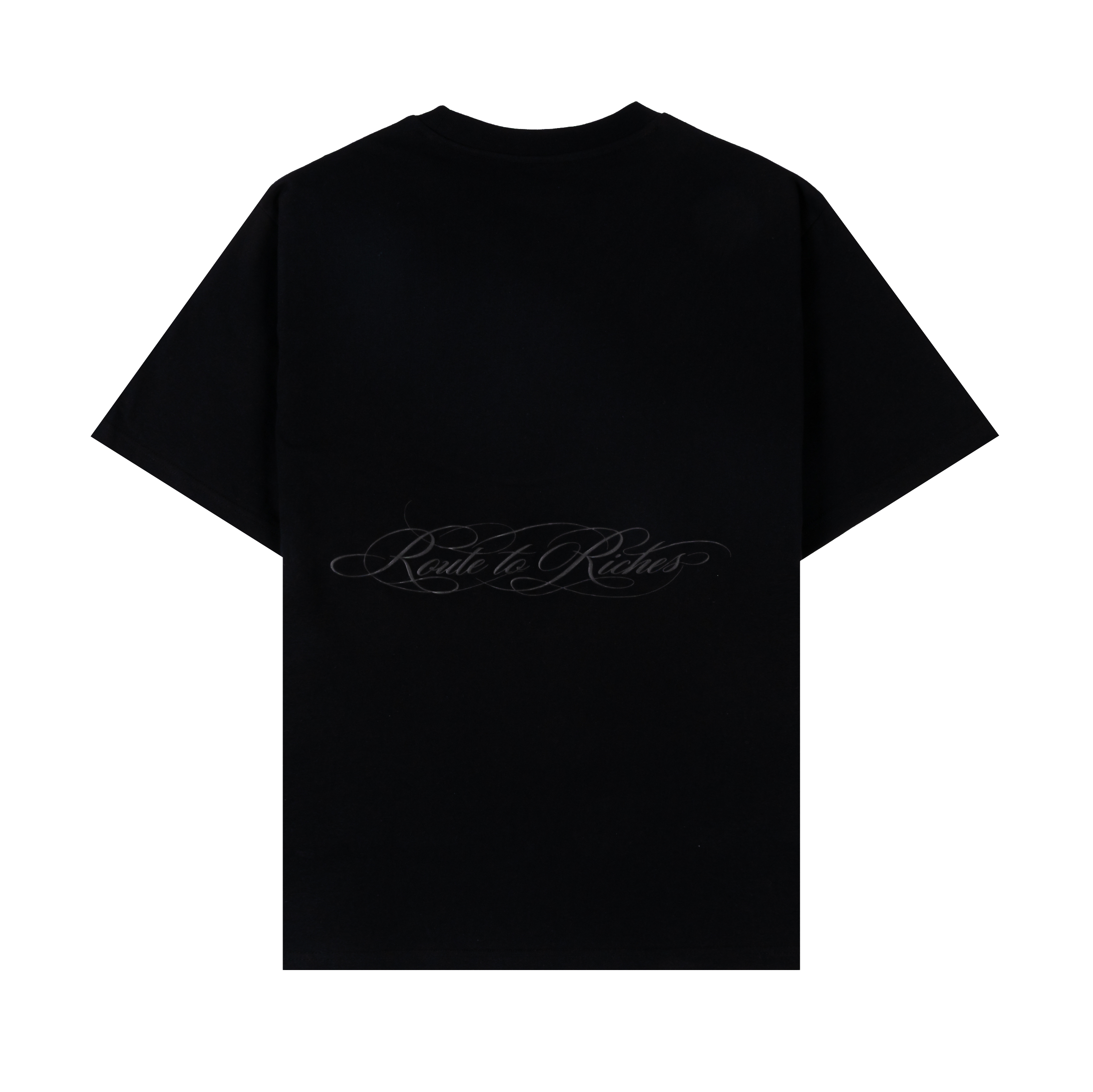Black t-shirt with skulls and red roses graphic design.