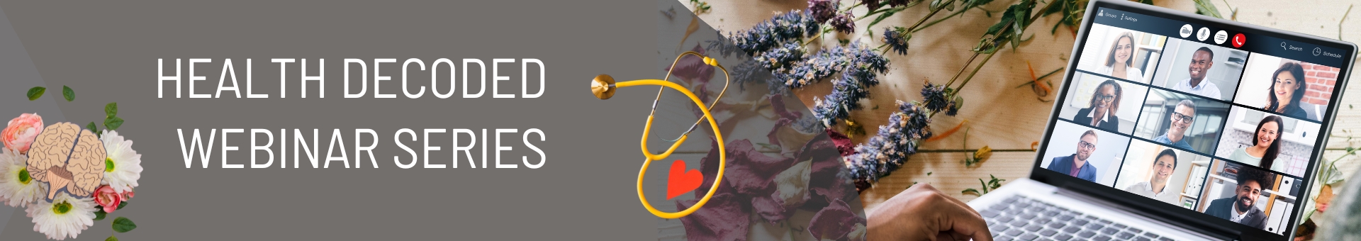 Health Decoded Webinar Series with laptop and floral elements.