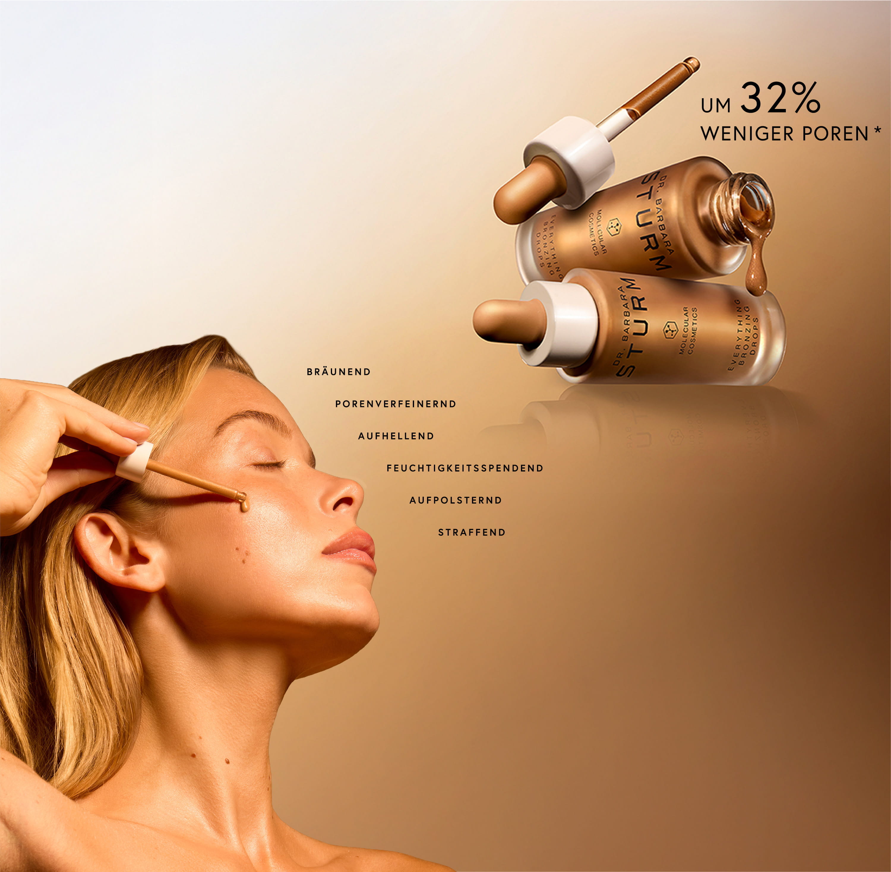 Woman applying serum with product bottles and benefits listed in background.