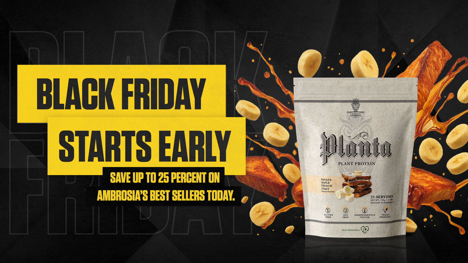 Black Friday promotion with a product bag and vibrant graphics.