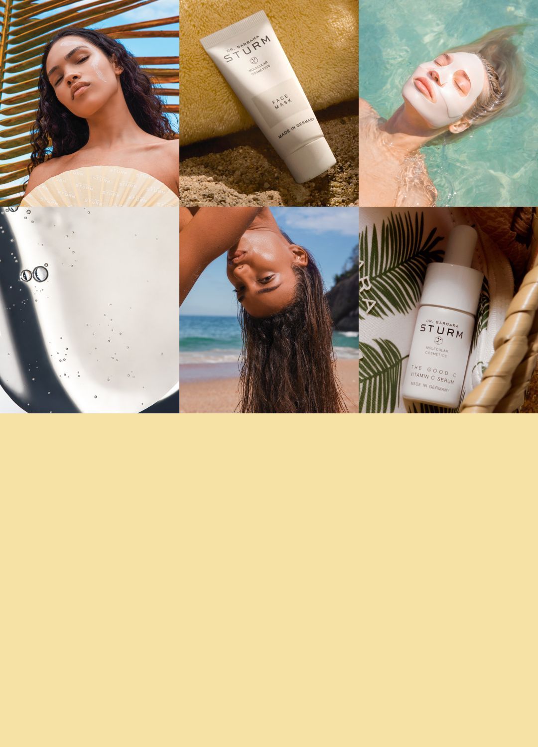 Collage of skincare products and models enjoying sun and beach scenes.