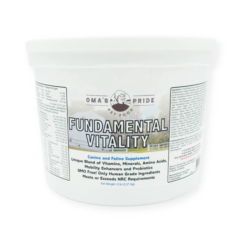 Oma's Pride product photo Fundamental Vitality pet supplement large white container.
