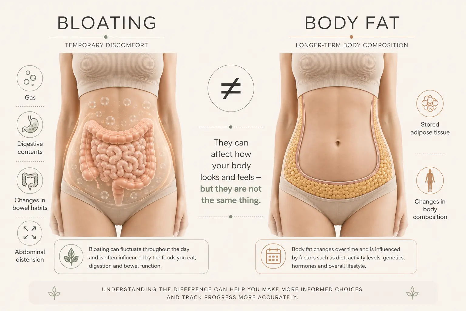Infographic comparing bloating and body fat with diagrams and explanations.