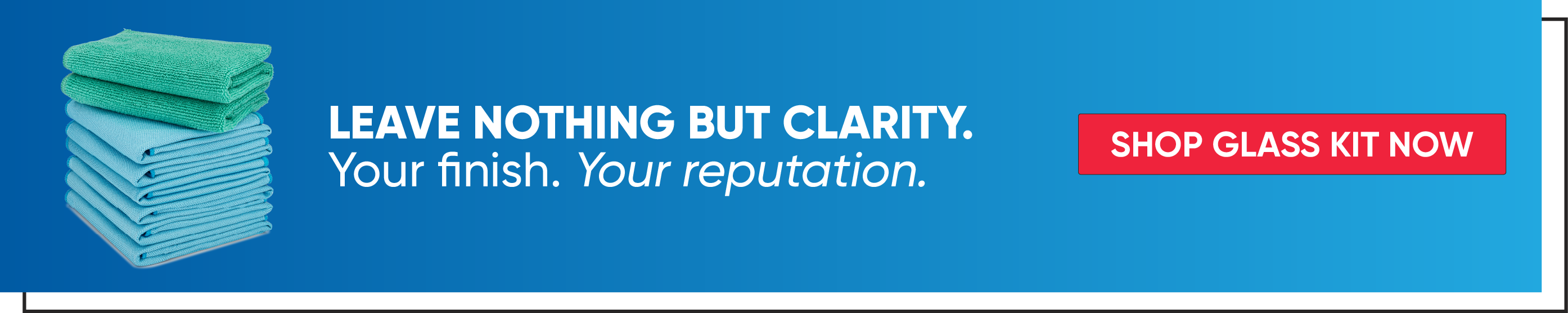 Promotional banner for cleaning products with text and stacked towels.