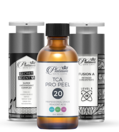 Three skincare product bottles, including TCA Pro Peel and two others.