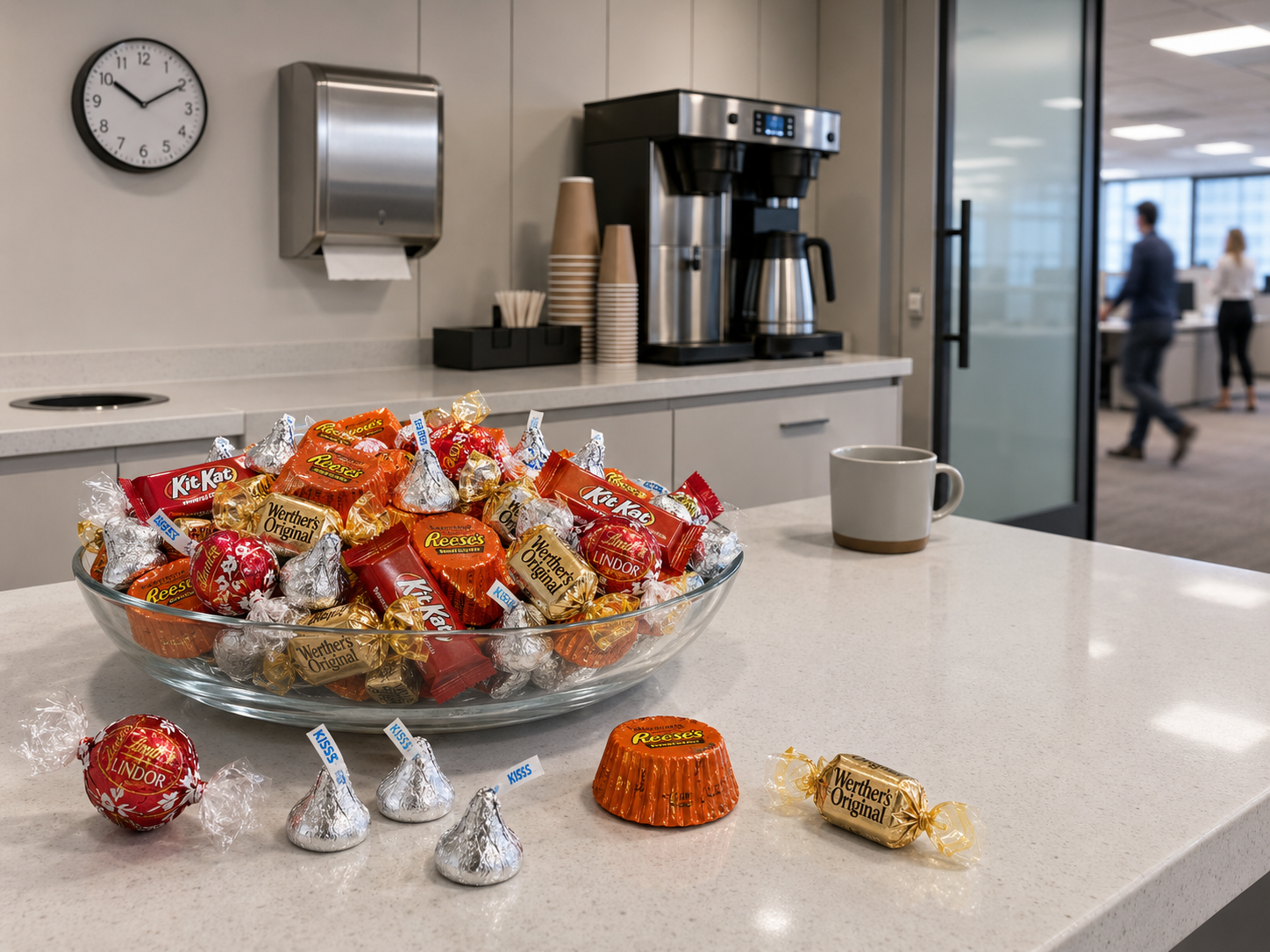 A glass candy dish filled with individually wrapped Hershey's Kisses, Reese's Miniatures, Lindt Lindor truffles, Kit Kat Miniatures, and Werther's Originals staged on a modern office breakroom counter, with a coffee maker in the background