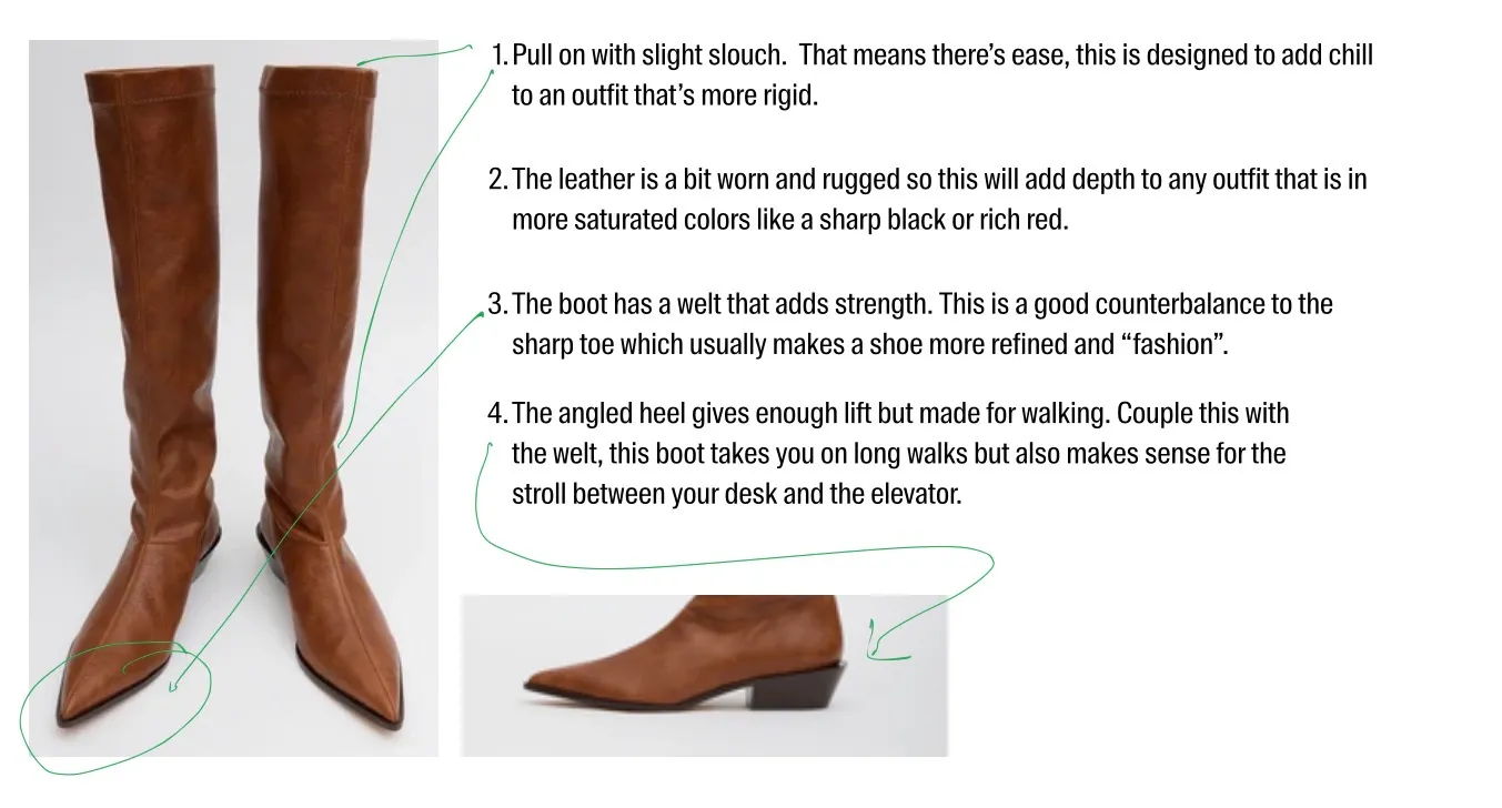 Tall brown leather boots with instructions on fit and styling.