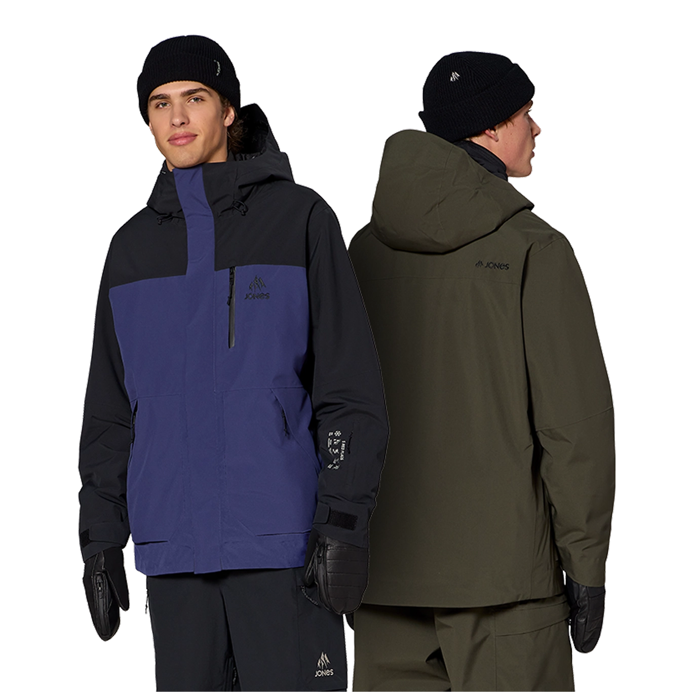 Two models wearing jackets, one facing front, one facing back.