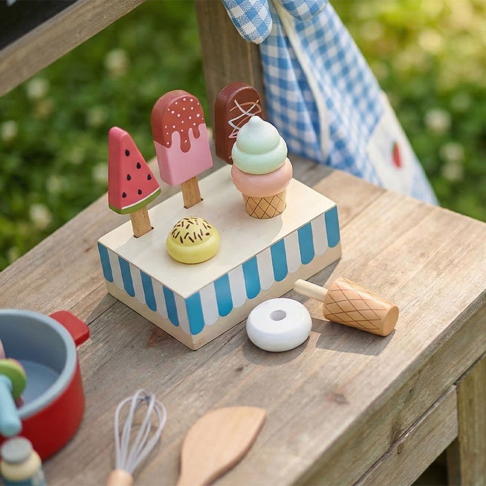 Colorful toy ice cream cones on a wooden display.