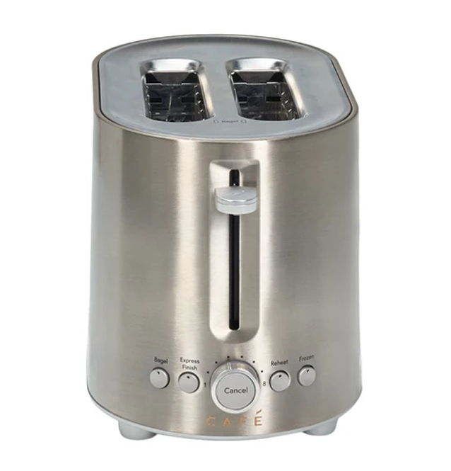 Silver toaster with two slots and control buttons.