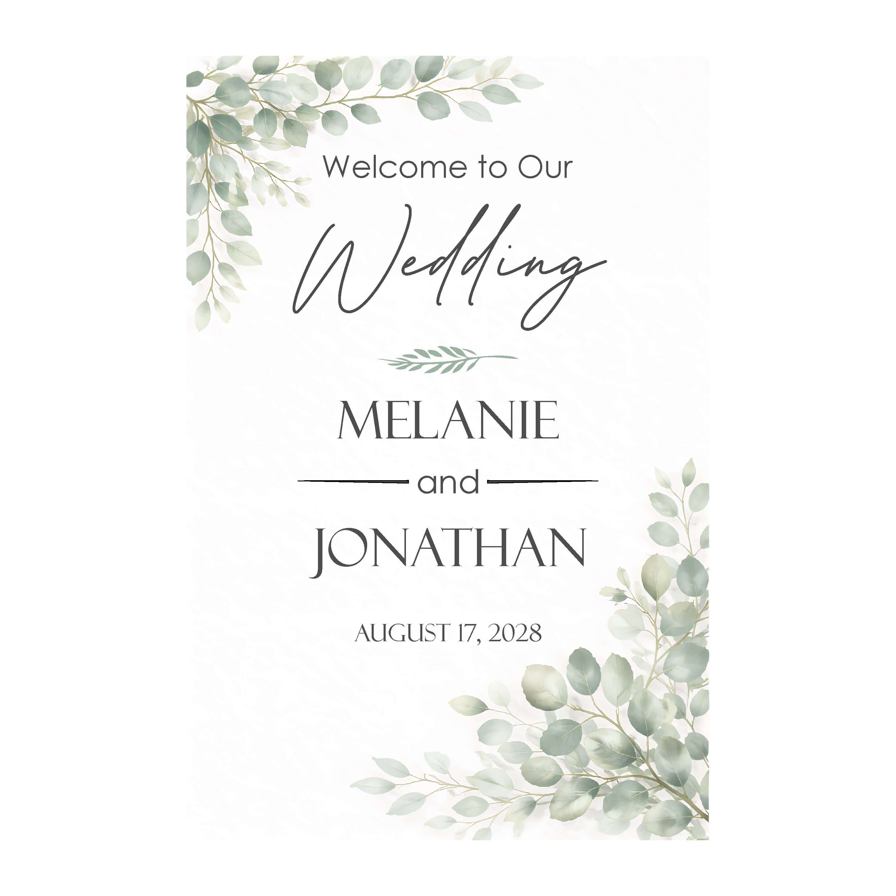 Welcome sign for Melanie and Jonathan's wedding on March 17, 2018.