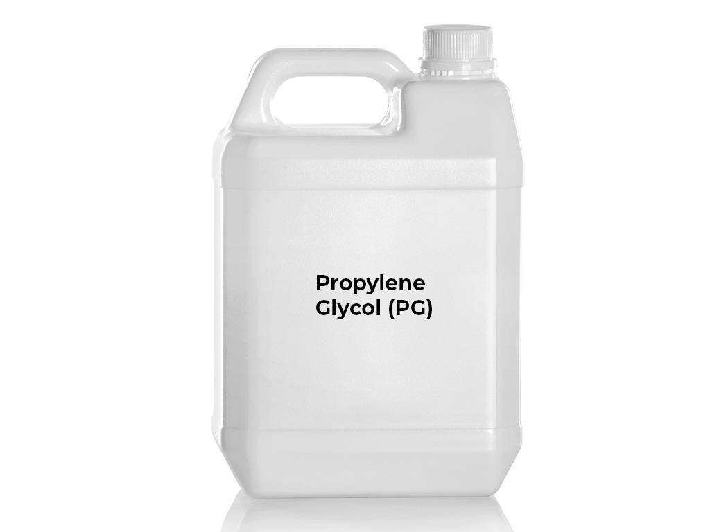 A photo showing a 1L bottle of Propylene Glycol (PG)