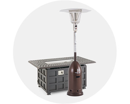 Patio heater next to a storage table.