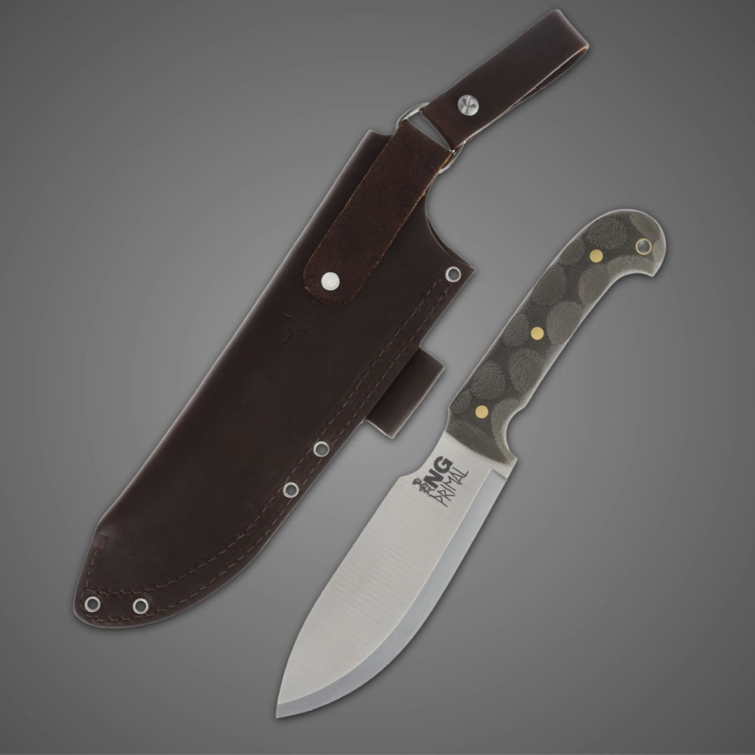 A knife with a patterned handle and a leather sheath.
