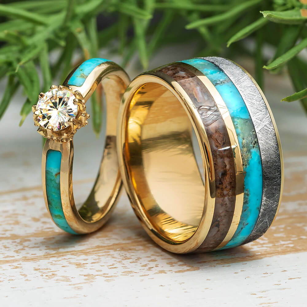 Matching Turquoise Wedding Rings with Yellow Gold