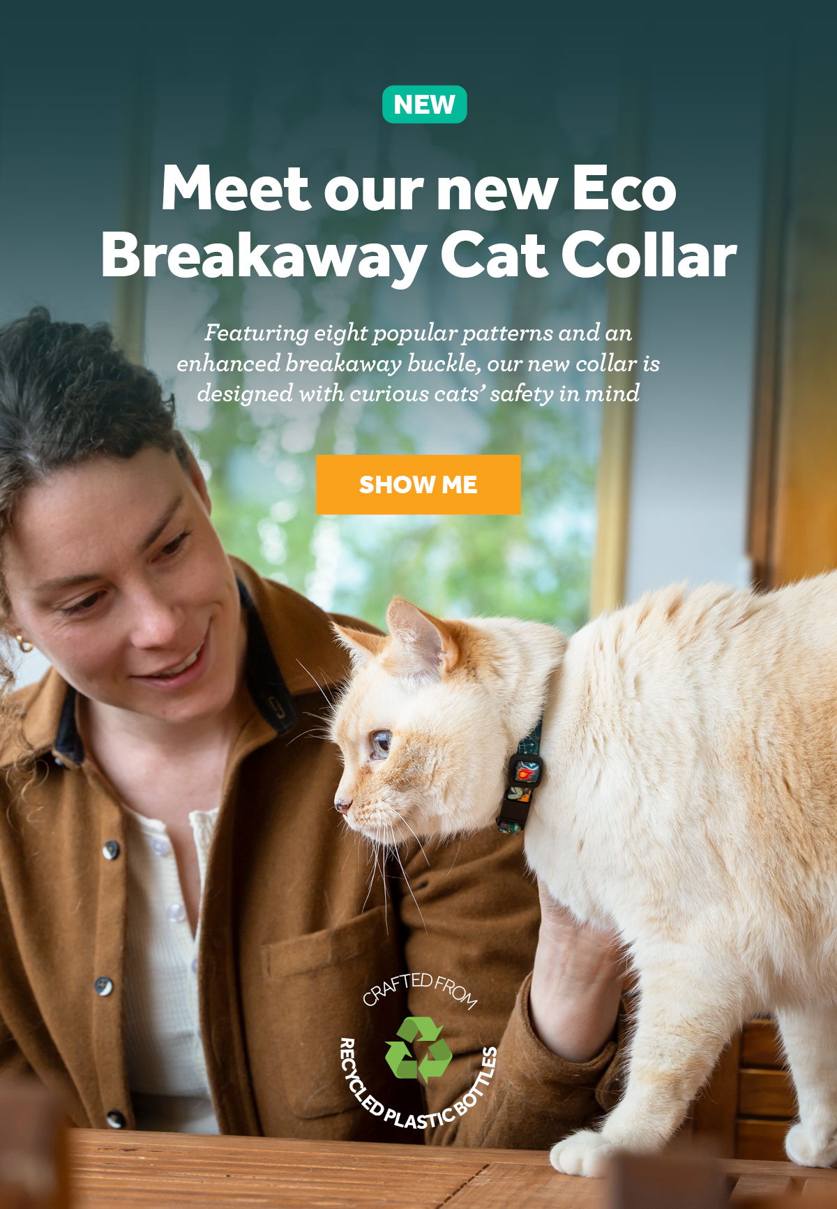 Person interacting with a cat while promoting a new eco-friendly collar.