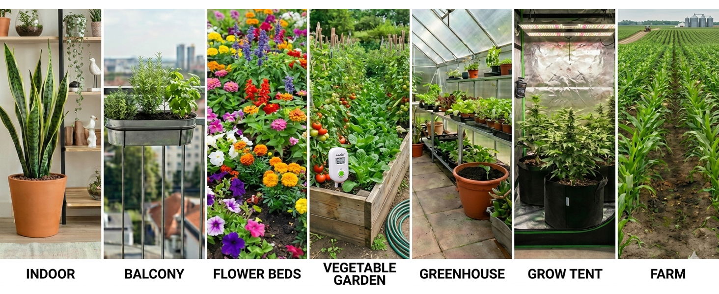 Various gardening scenes: indoor plants, balcony, flower beds, greenhouse, and farm.