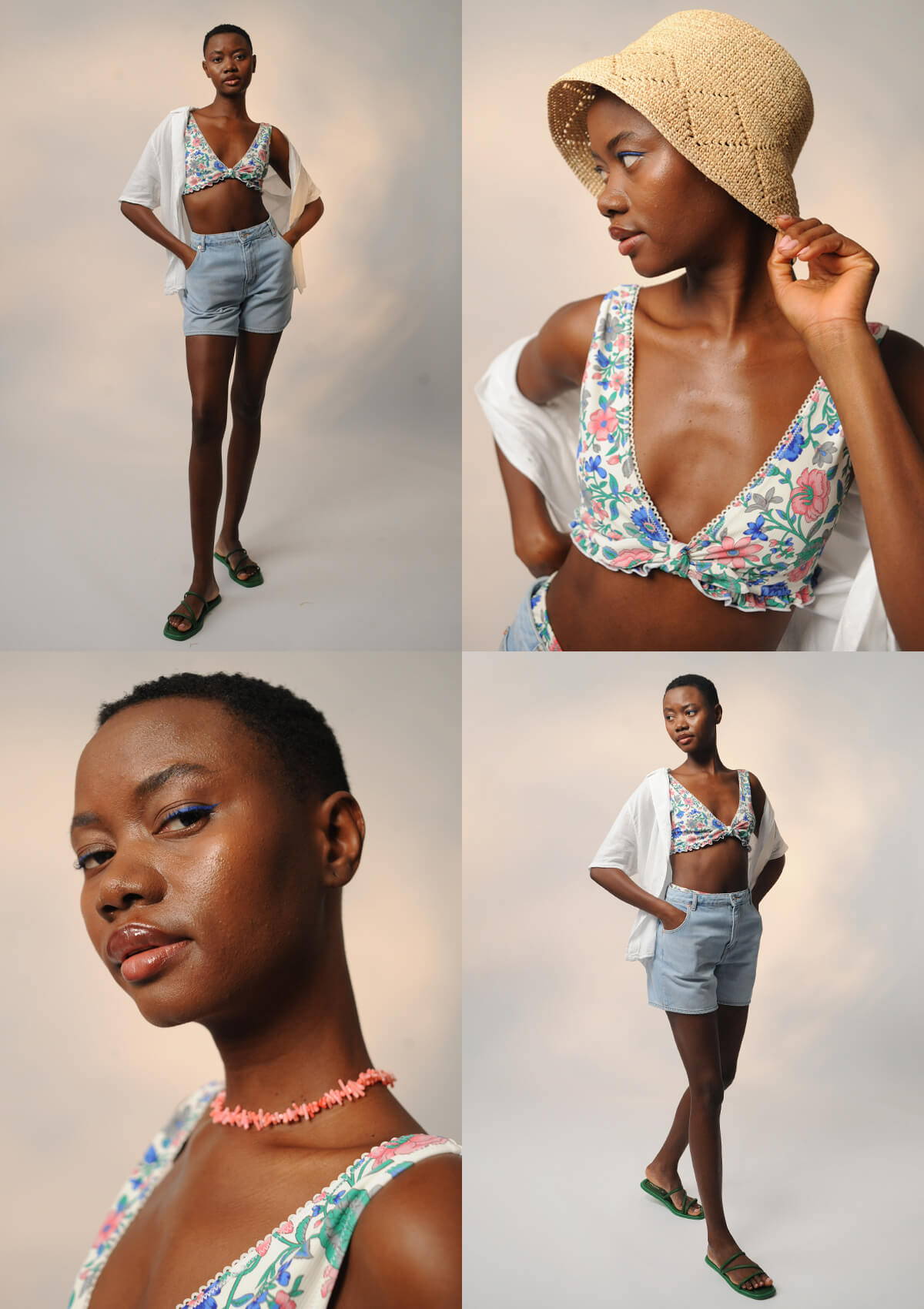 A collage of campaign images of a model wearing the Louise Misha Ohau Creeky Bikini.