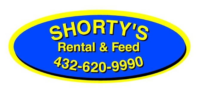 Shorty's Rental & Feed contact information on a blue and yellow background.