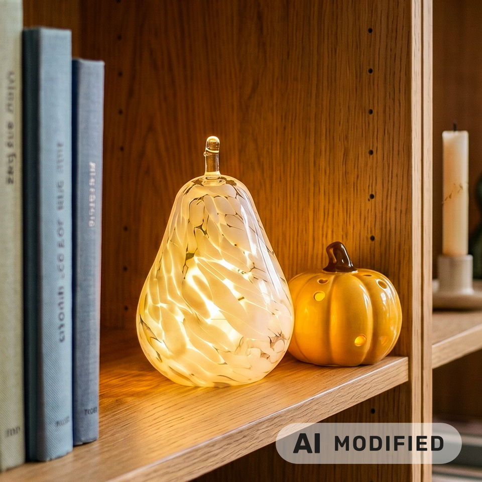 Lampe en verre en forme de poire et citrouille orange sur une étagère en bois avec des livres.