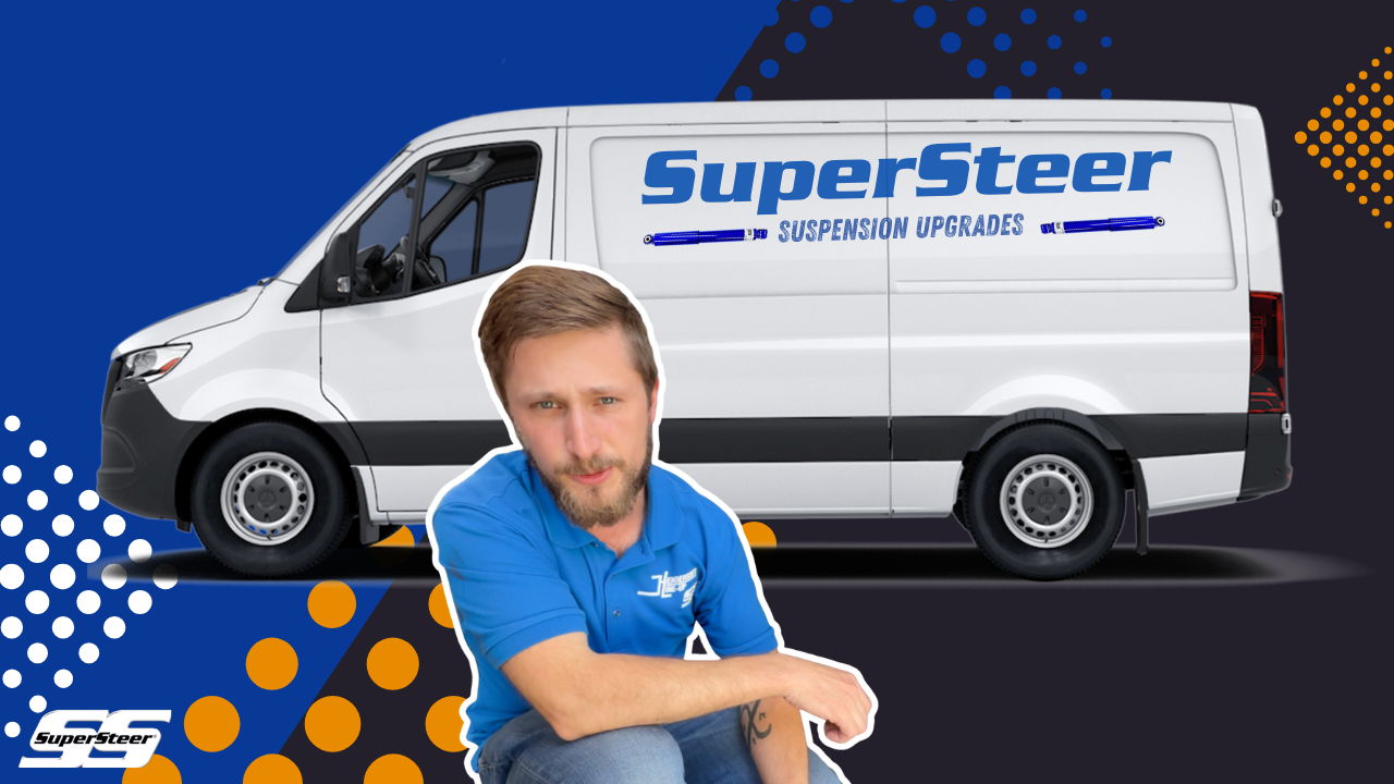 Man in blue shirt beside a SuperSteer branded van on a colorful background.