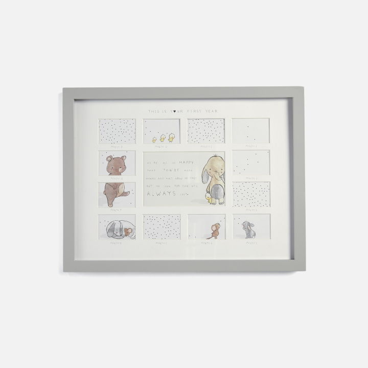 Illustrated framed artwork featuring characters and text.