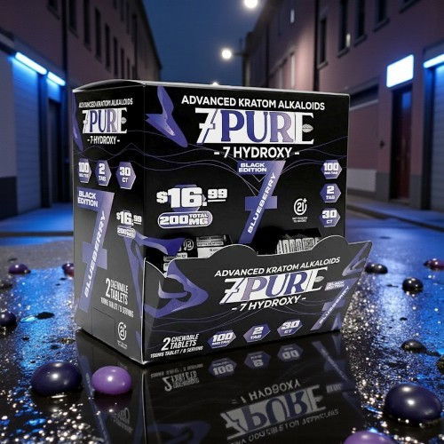 Box of 7 Pure dietary supplement displayed on a reflective surface in an alley.
