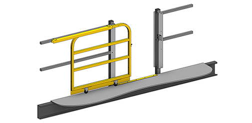 Sliding mezzanine gate with 2 rails and yellow paint.