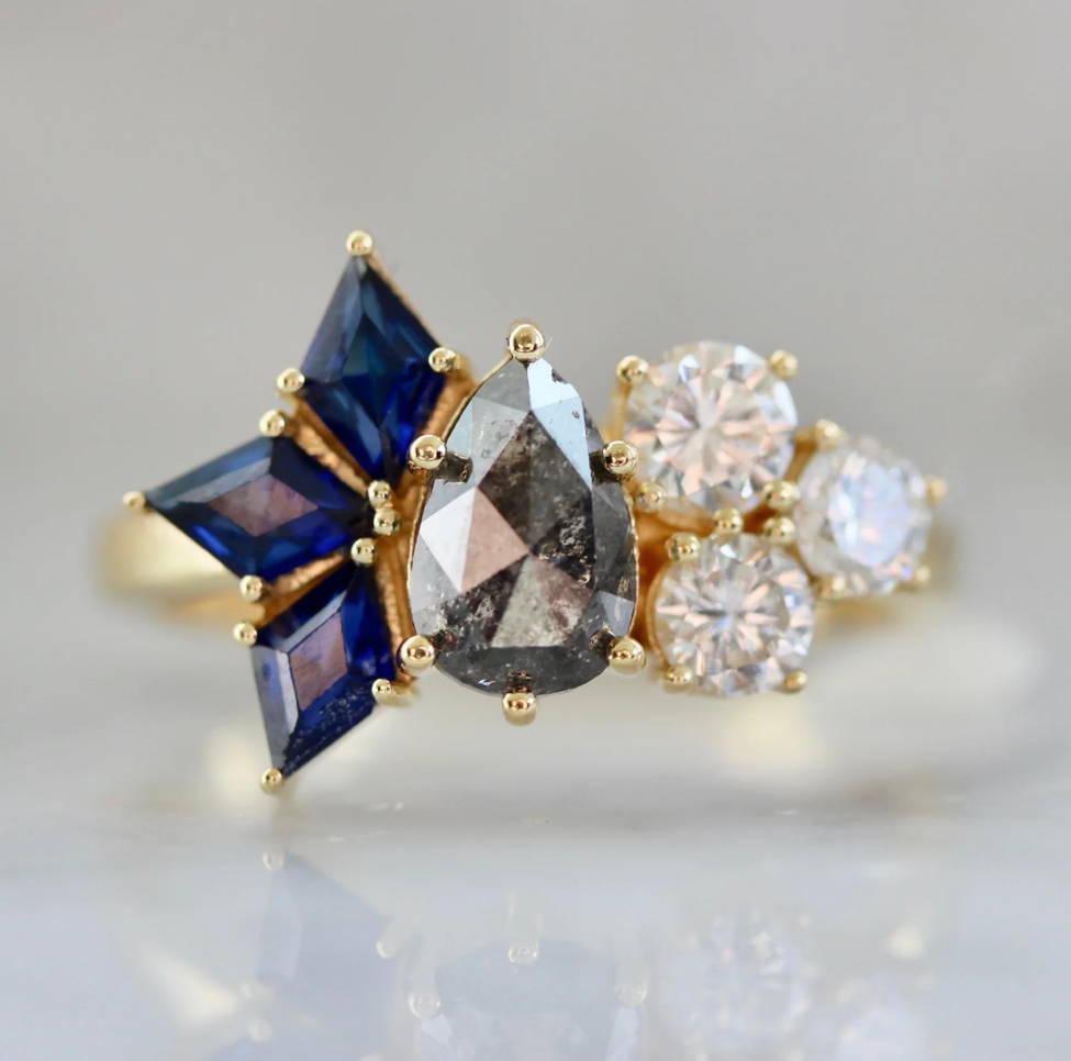 salt and pepper diamond cluster ring with diamond and sapphires
