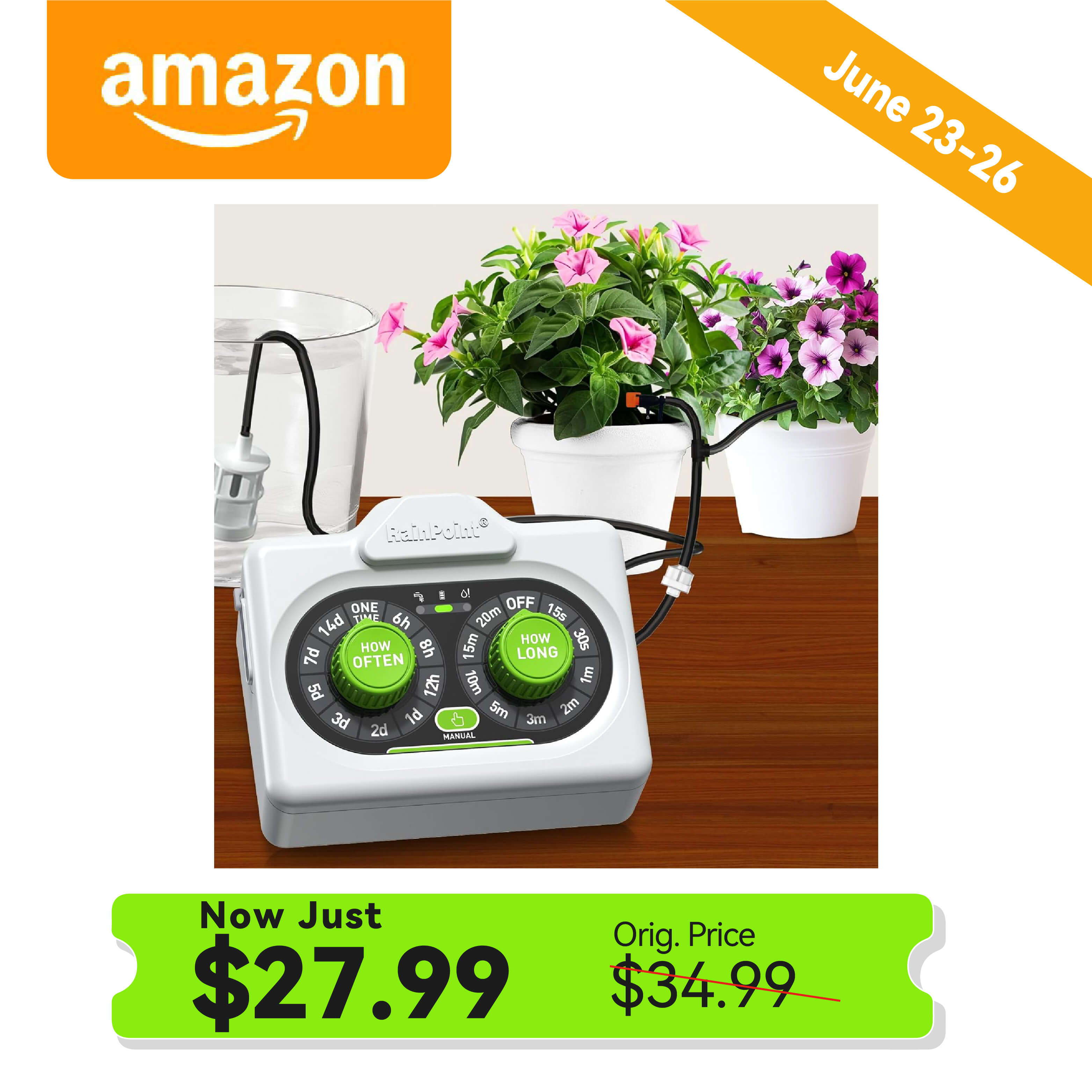 Discounted plant watering device with flowers in the background.