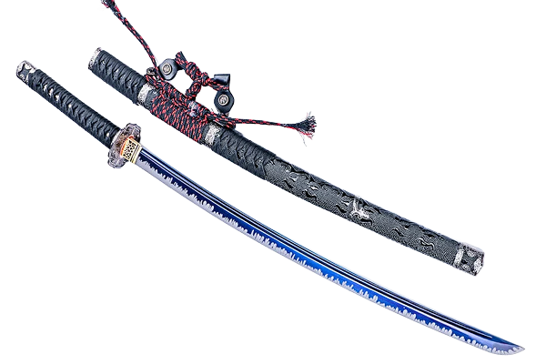 A katana with a decorated scabbard and intricate hilt design.