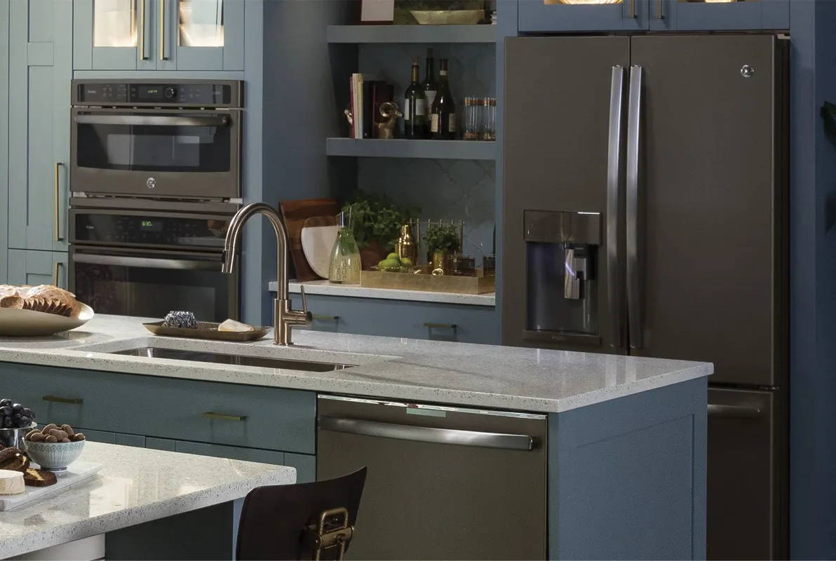 Ge Slate Appliances With Oak Cabinets