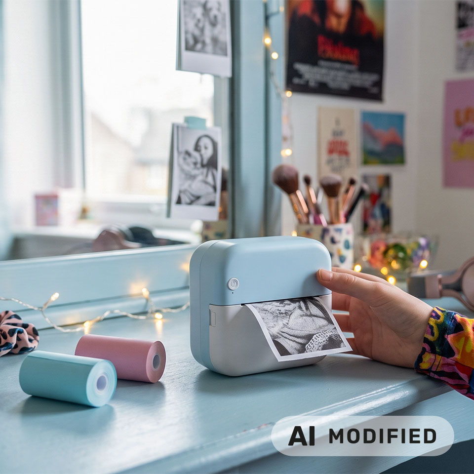 Personne utilisant une petite imprimante sur un bureau avec des objets décoratifs et des photos.