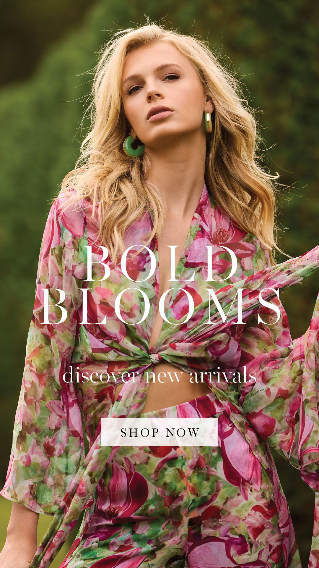 Model in floral attire promoting new arrivals titled 