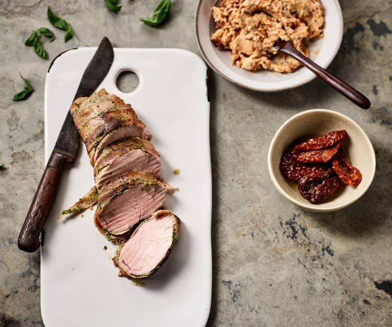 Pork fillet wrapped in prosciutto with barbecue butter
