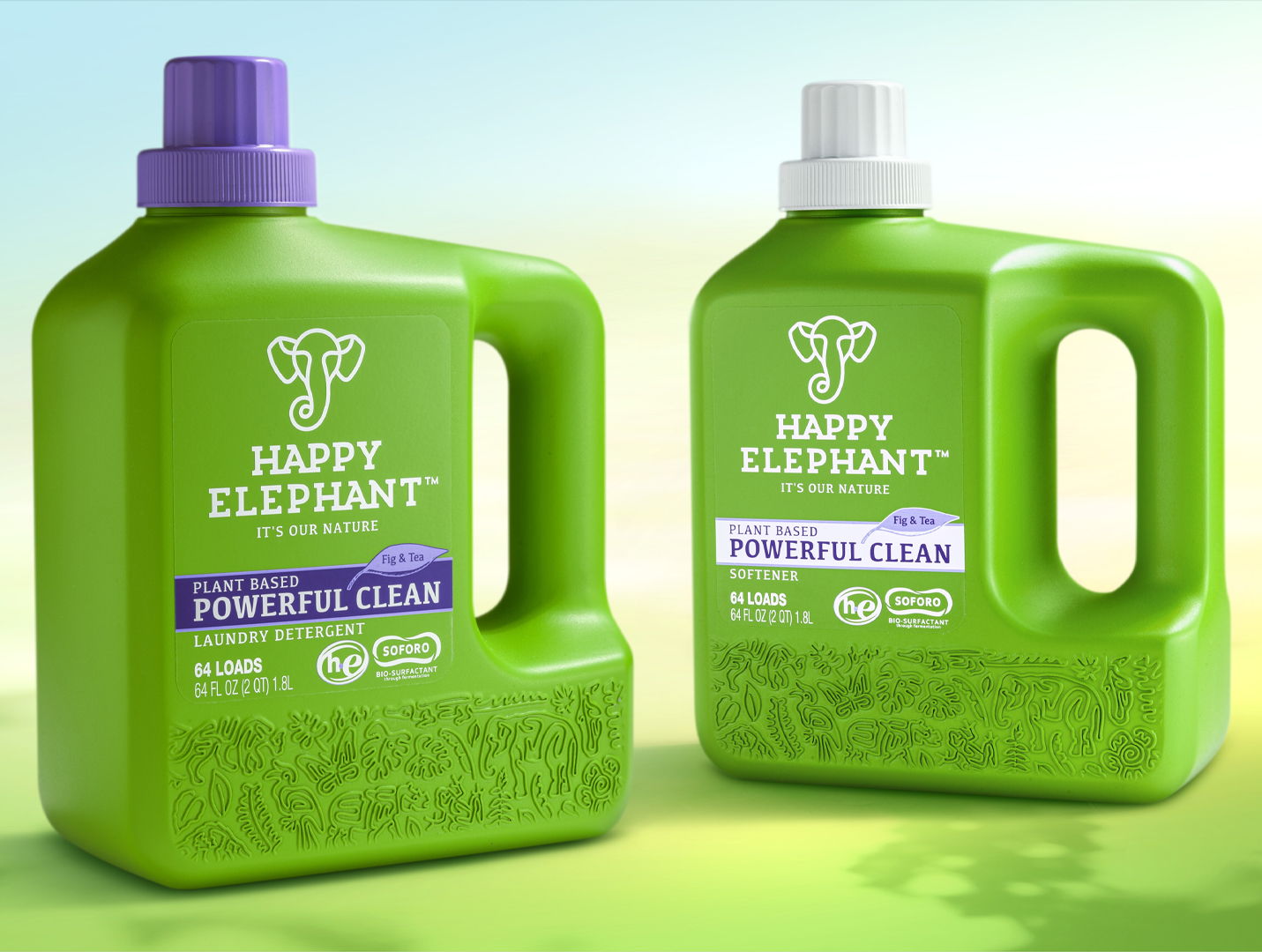 Two green detergent bottles labeled 