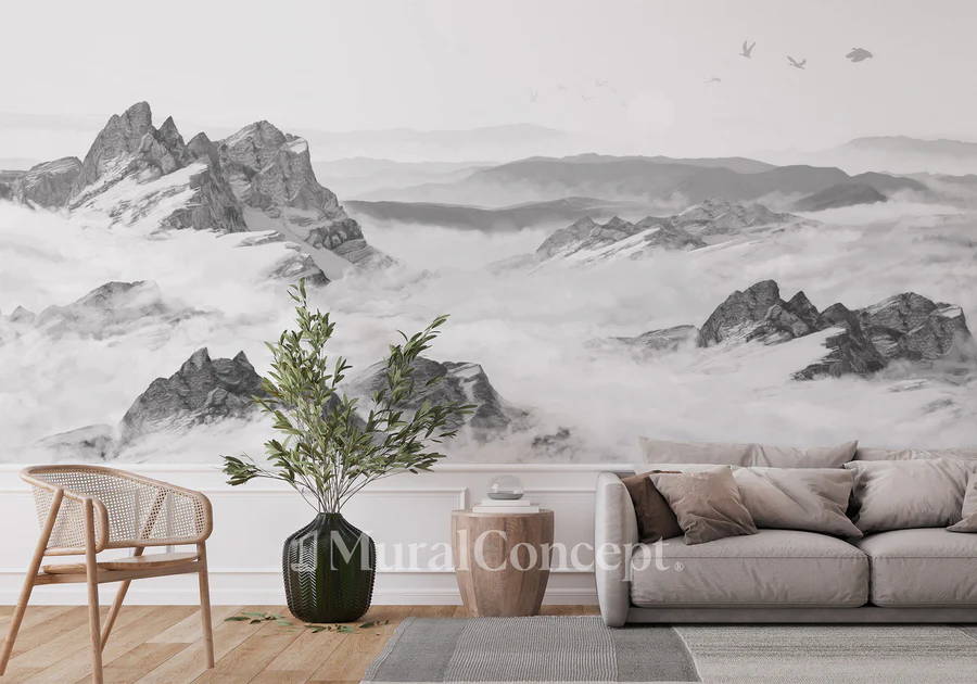 papier peint panoramique montagnes noir et blanc