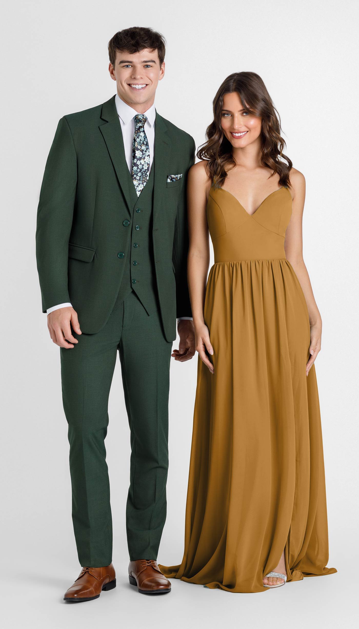 olive green suit with mustard yellow bridesmaid dress