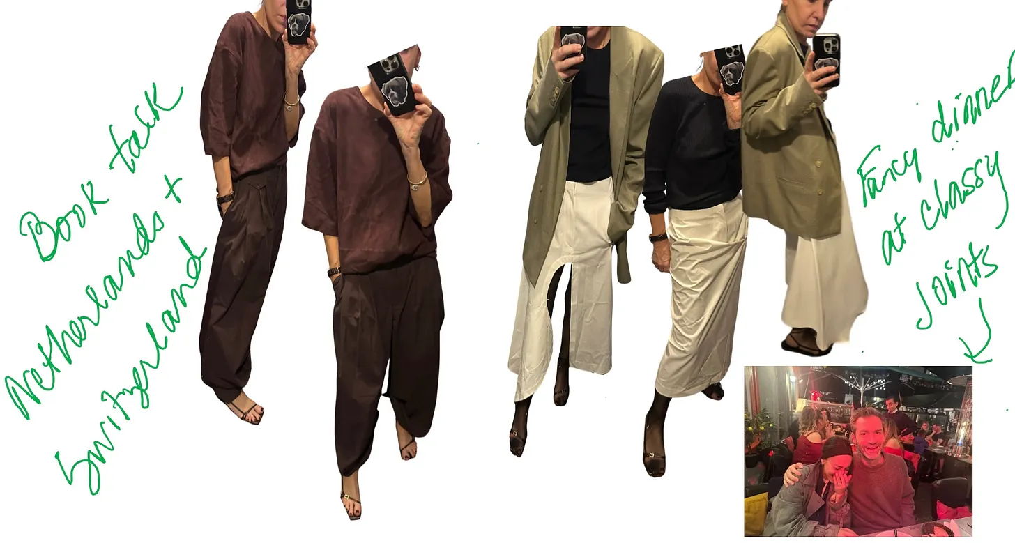 Fashion outfits displayed with handwritten notes and a smaller photo in the corner.