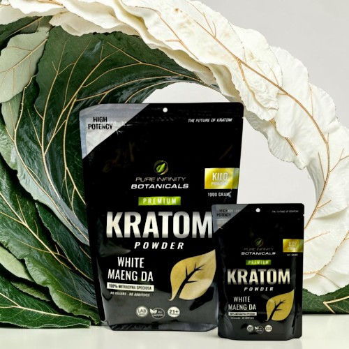 Two bags of Kratom powder on a decorative background.