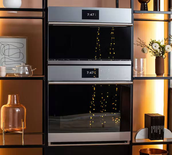 Christmas lights reflected on Modern Glass wall oven