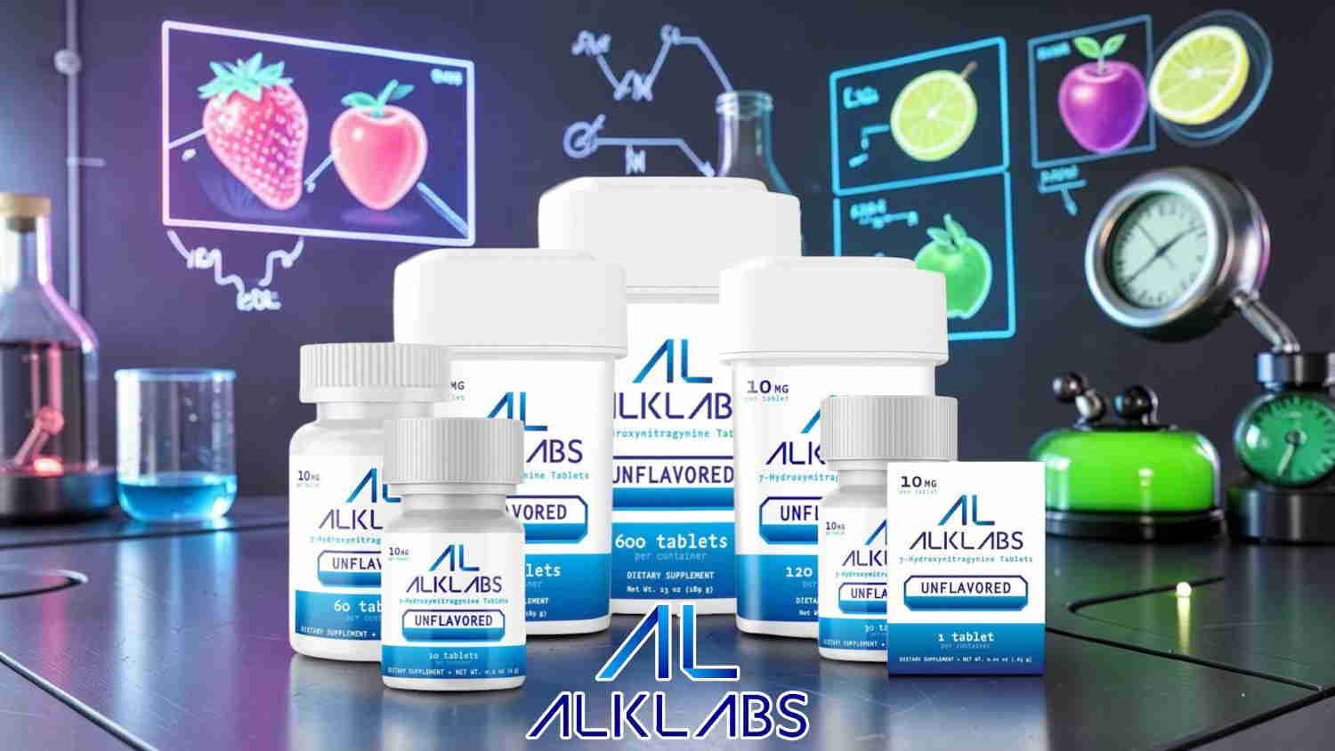 Assorted health supplements with colorful scientific background and laboratory equipment.