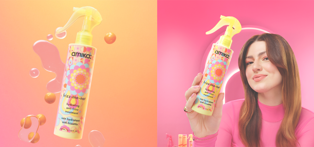Woman holding a hair product on a colorful background.