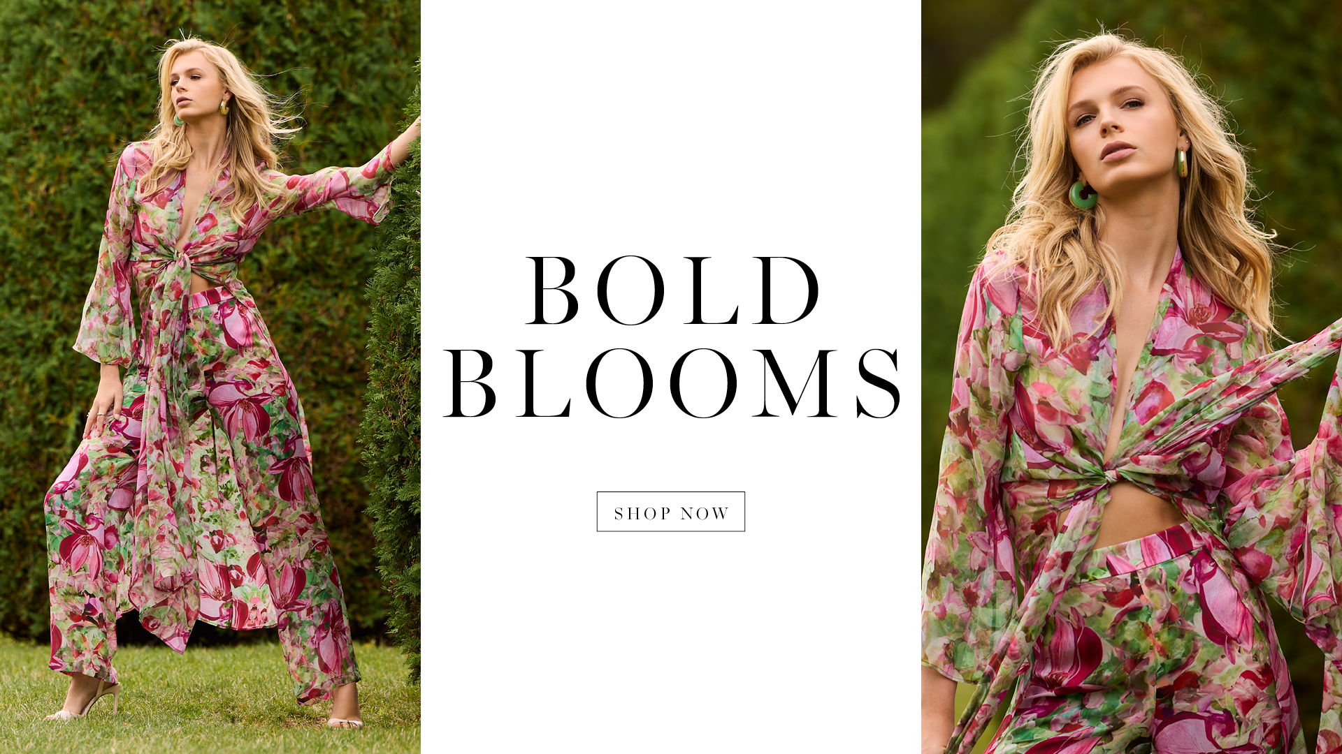 Model wearing floral dress with text 