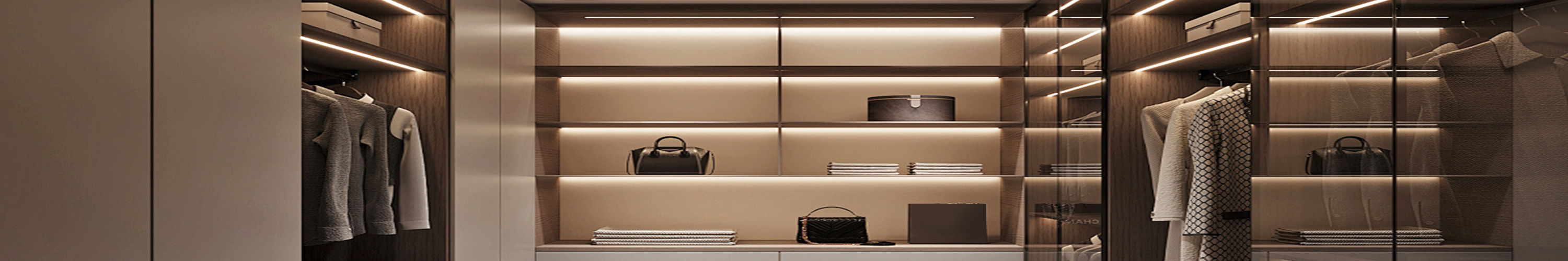 Modern closet interior with shelves and hanging clothes.