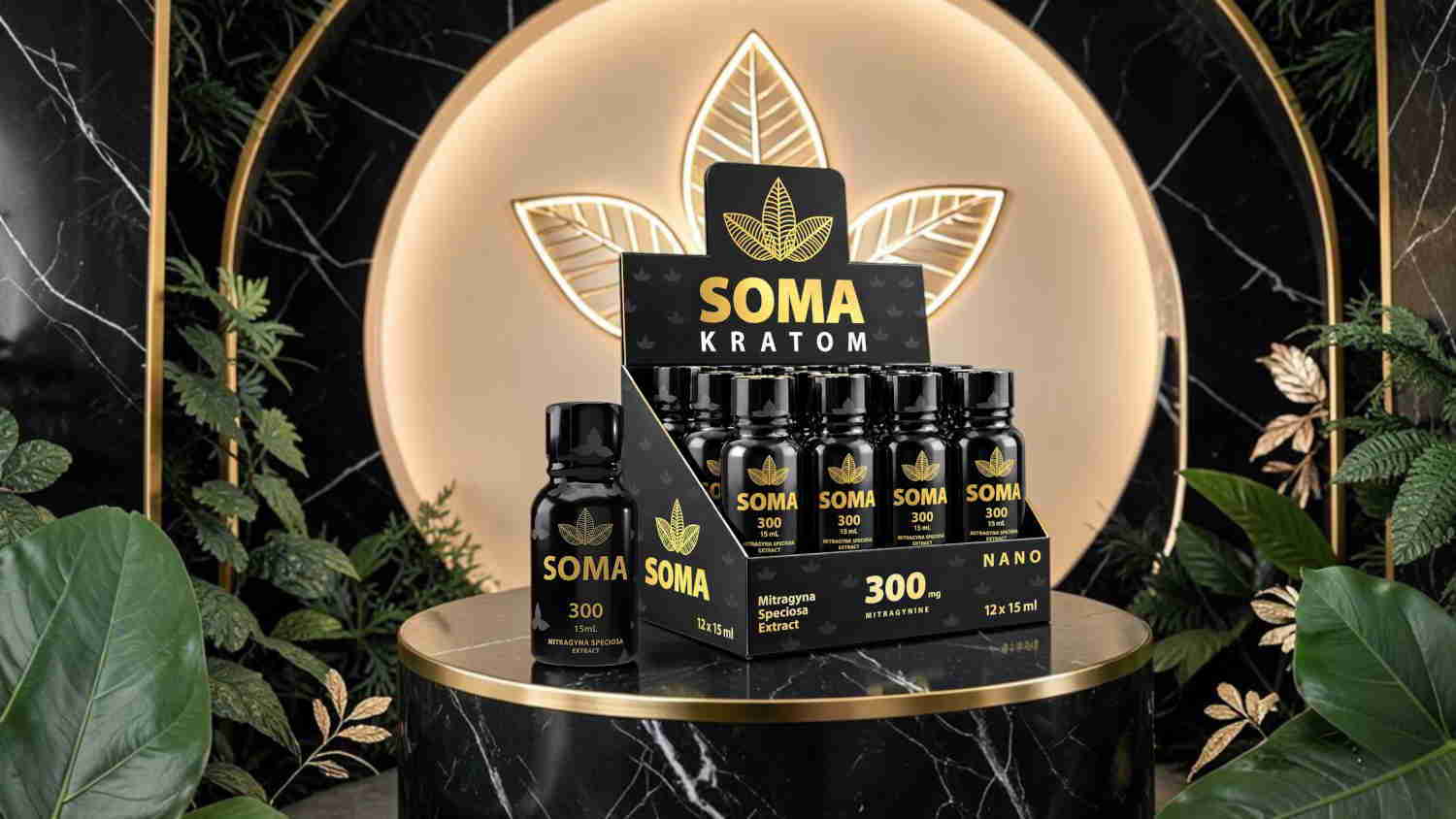 SOMA Kratom product display with gold accents and plant background.