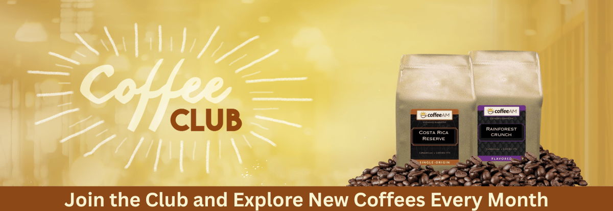  Two bags of coffee on a small mound of coffee beans. Gold and brown background with bright text that says 'coffee club'